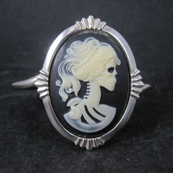 Goth Skeleton Cameo Cuff Bracelet 6.25 Inches - Picture 2 of 7